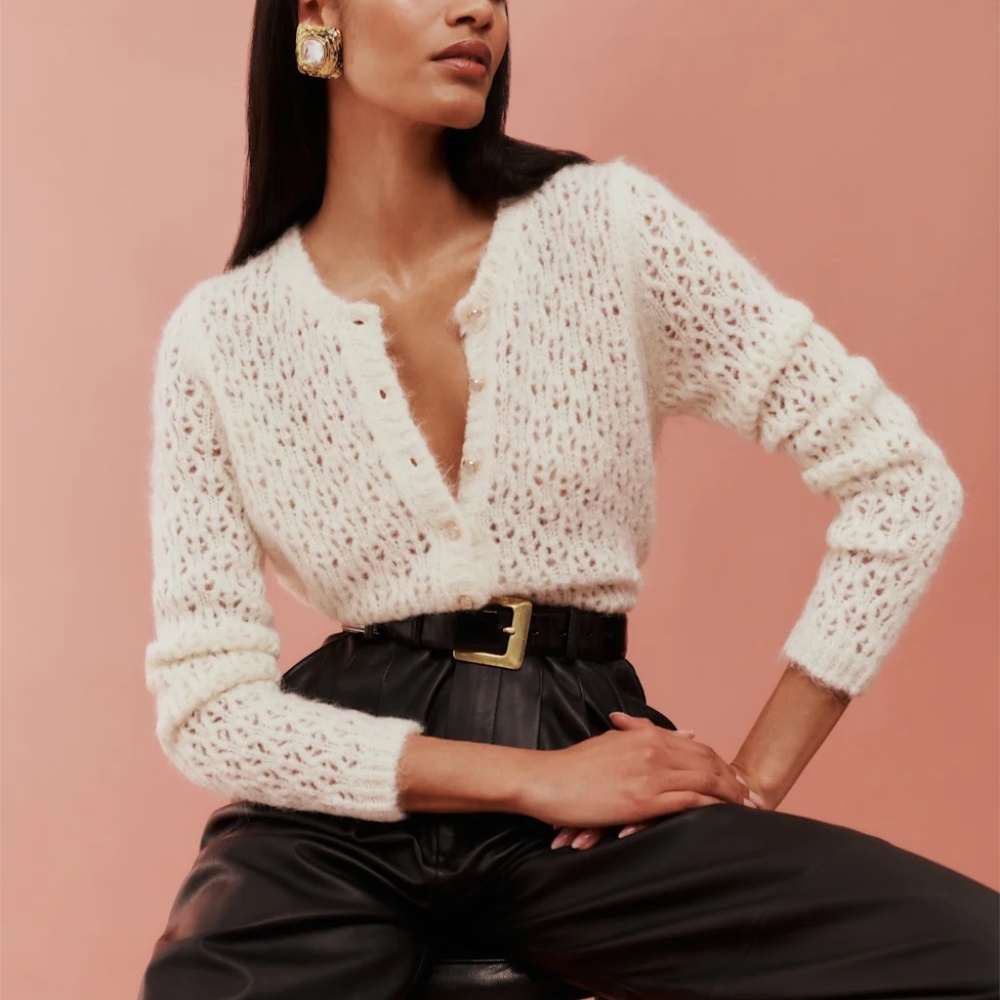Reformation Clara Crew Cardigan in white pointelle